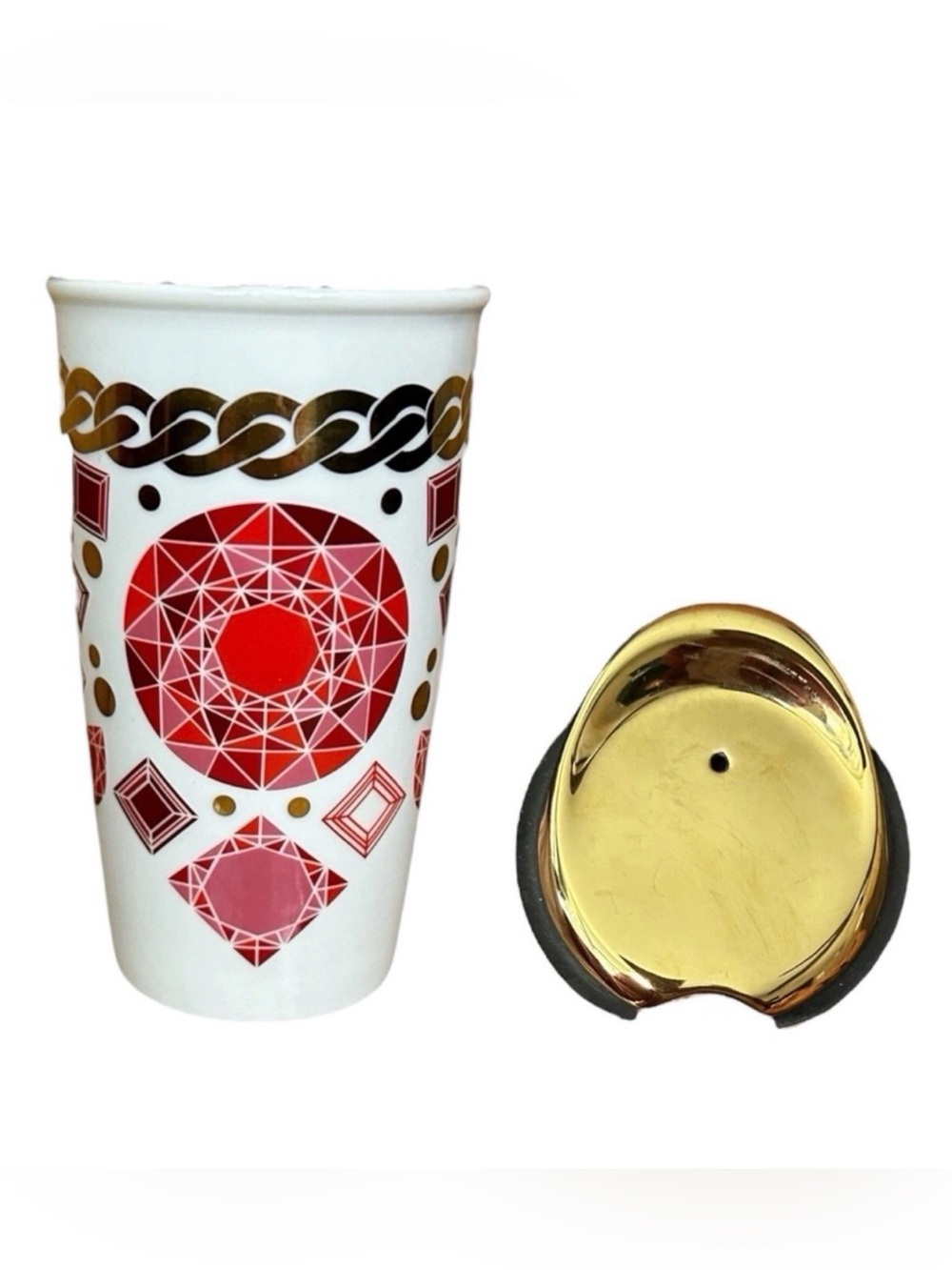 2014 STARBUCKS Ceramic Tumbler Mug w/ Lid Red Geometric Gem Gold Chain 12 oz